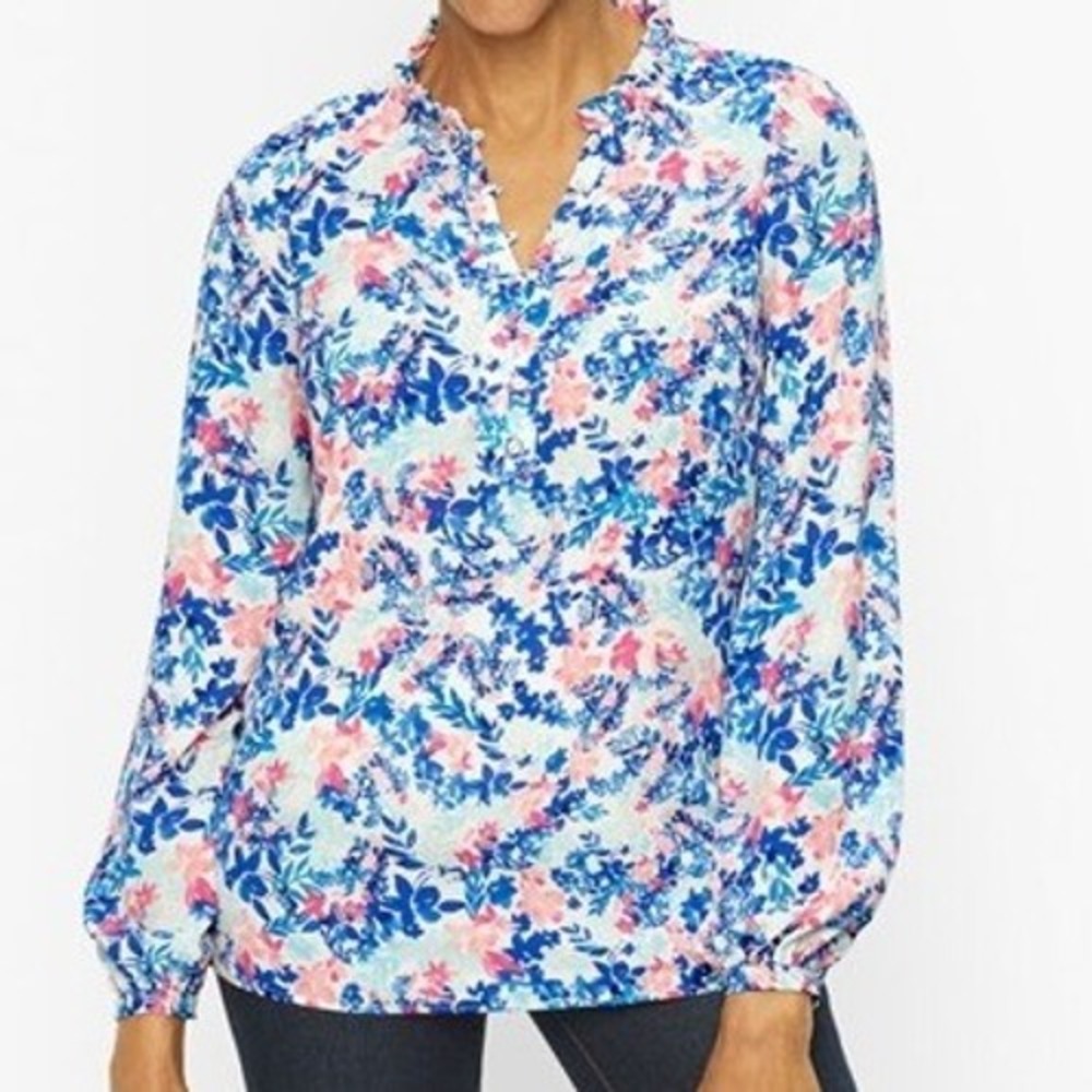 Talbots Ruffle Trim Blouse‎ Blue Teal Aqua Pink Floral Henley Chiffon Top XL